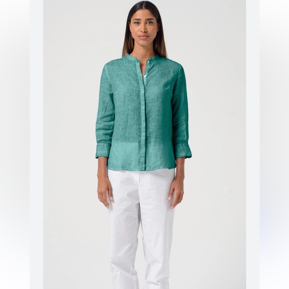Eileen Fisher Teal Italian Fabric Button Down Band Collar Shirt Size Medium